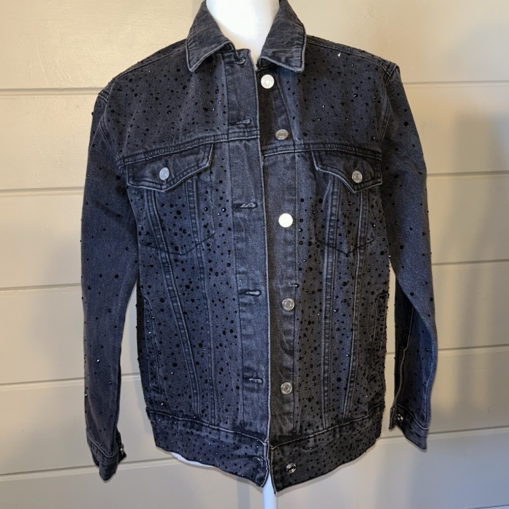 Custom Oversized Denim Jacket Drenched in Black Rhinestones – Rare Find! Size 2